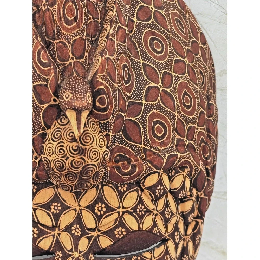 Hand Carved Indonesian Batik Wood Mask Batik Pattern Bird Motif Wall Art EUC